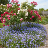 Le géranium Rozanne couvre le sol au pied des rosiers dans un massif fleuri.