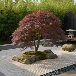 Acer palmatum Atropurpureum dans un jardin zen