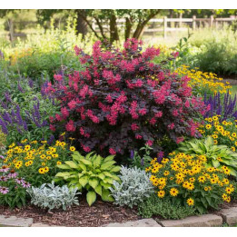 massif avec un loropetalum Black pearl en pleine floraison