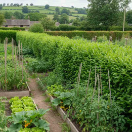 haie de laurier Novita dans un potager à la campagne