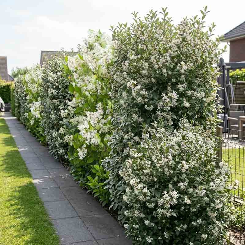 Haie d'arbustes au feuillage persistant et aux fleurs parfumées Haie d'arbustes au feuillage persistant et aux fleurs parfumées