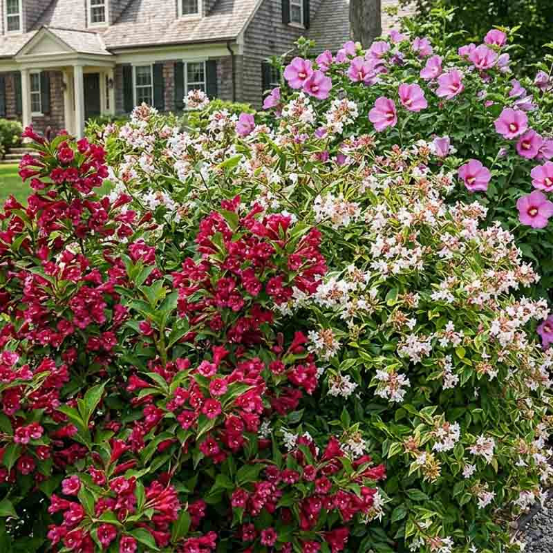 Gros plan d'une haie fleurie composée de weigela rouge, d'abelia et d'hibiscus en fleurs Gros plan d'une haie fleurie composée de weigela rouge, d'abelia et d'hibiscus en fleurs