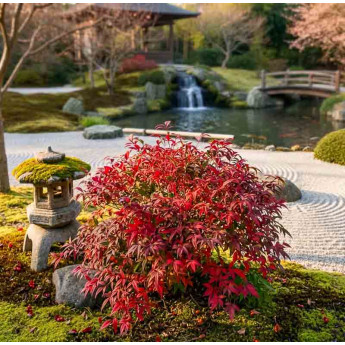 Nandina obessed au feuillage rouge dans un jardin japonais